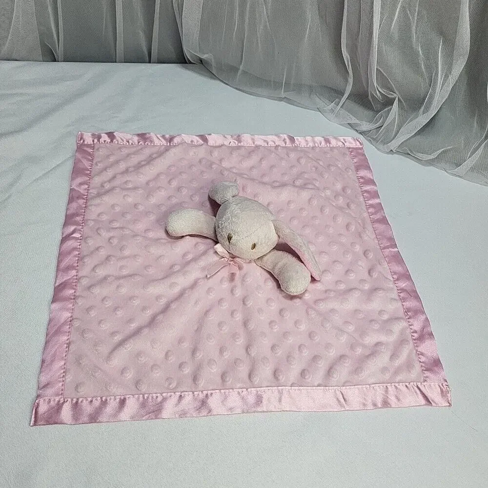 Pink Plush Bunny Rabbit Lovey Minky Dot Satin Edge Back Security Blanket 16 Inch